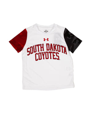 White short sleeve youth tee with red and black sleeves and red South Dakota Coyotes on chest