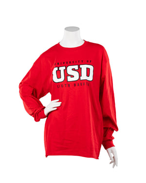 Red long sleeve with University of South Dakota in black and USD in white on chest