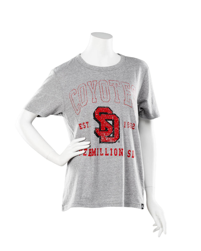 Gray short sleeve with SD logo and Coyotes Vermillion SD in red