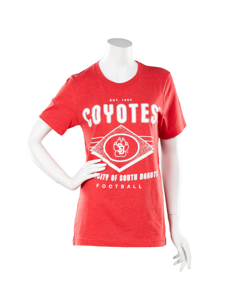Red short sleeve tee with white Coyotes University of South Dakota Football graphic 
