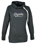 Gray hoodie with cross over cowl neckline and white Coyote lettering 