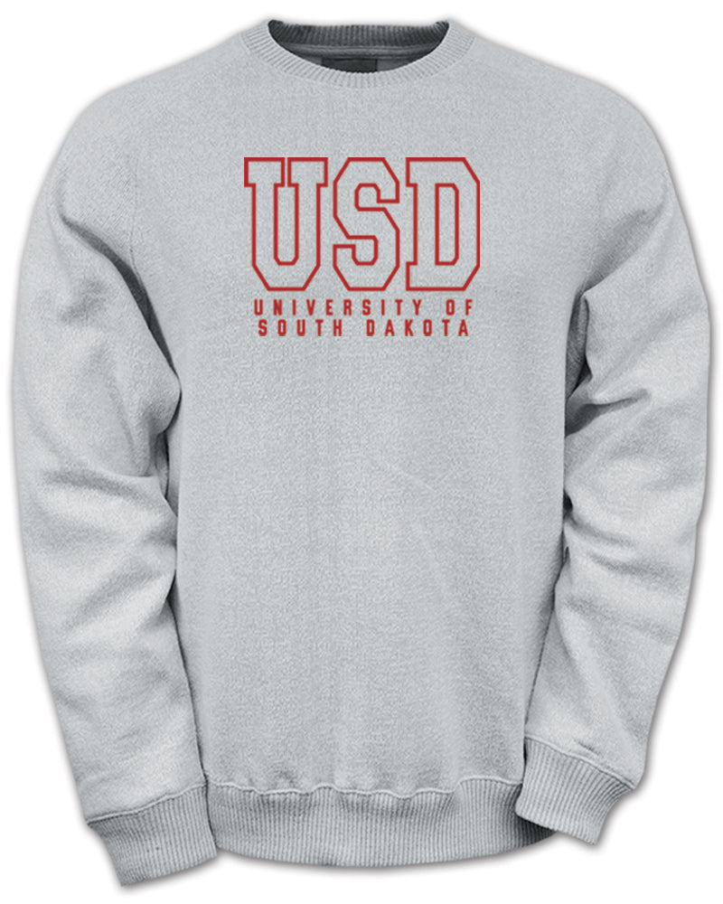 
                
                    Load image into Gallery viewer, Gray crew with red USD University of South Dakota lettering
                
            