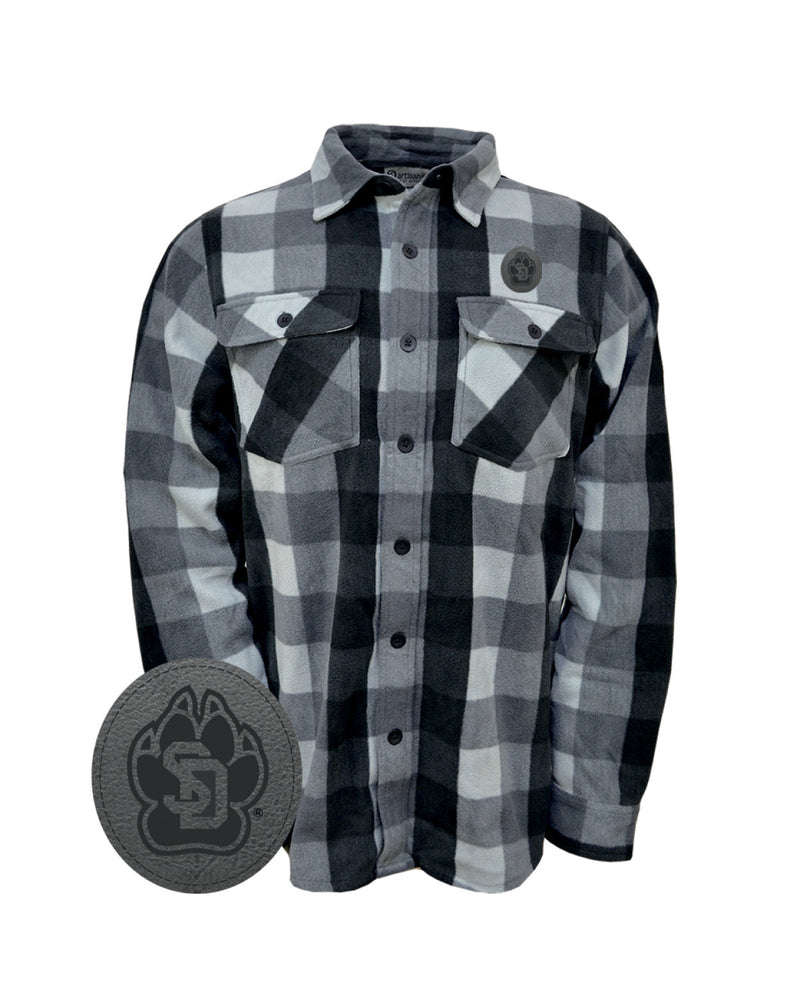Black, white and Gray fleece button down shirt with SD paw logo on a circular leather patch above upper left chest pocket