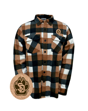 Black, white and brown fleece button down shirt with SD paw logo on a circular leather patch above upper left chest pocket