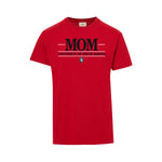 Red tee with black text that says 'MOM University of South Dakota' with a black and white SD Paw logo below it