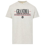 Heathered Oatmeal tee that says 'GRANDMA UNIVERSITY OF SOUTH DAKOTA' in black with red lines and a black SD Paw logo below