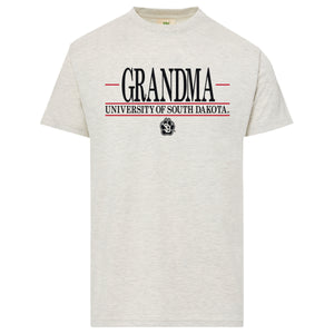 
                
                    Load image into Gallery viewer, Heathered Oatmeal tee that says &amp;#39;GRANDMA UNIVERSITY OF SOUTH DAKOTA&amp;#39; in black with red lines and a black SD Paw logo below
                
            