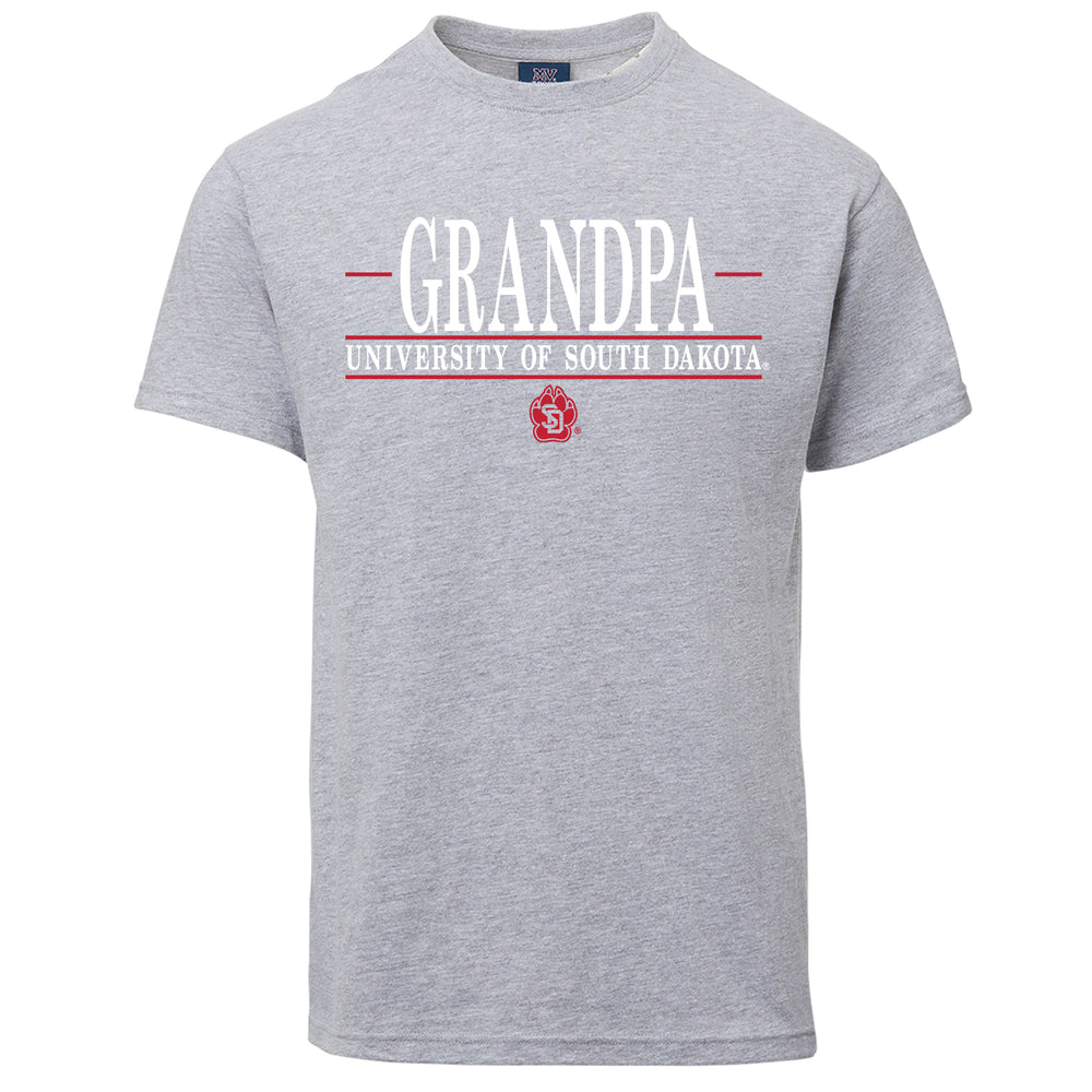 
                
                    Load image into Gallery viewer, Light heather gray tee with text that says &amp;#39;GRANDPA UNIVERSITY OF SOUTH DAKOTA&amp;#39; with the SD Paw logo underneath
                
            