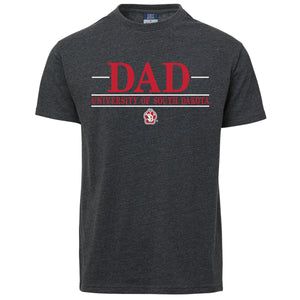 
                
                    Load image into Gallery viewer, Charcoal gray tee with text that says &amp;#39;DAD UNIVERSITY OF SOUTH DAKOTA&amp;#39; with the SD Paw logo underneath
                
            