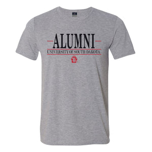 Heathered gray tee with black words that say 'ALUMNI UNIVERSITY OF SOUTH DAKOTA' and a red SD Paw logo below it