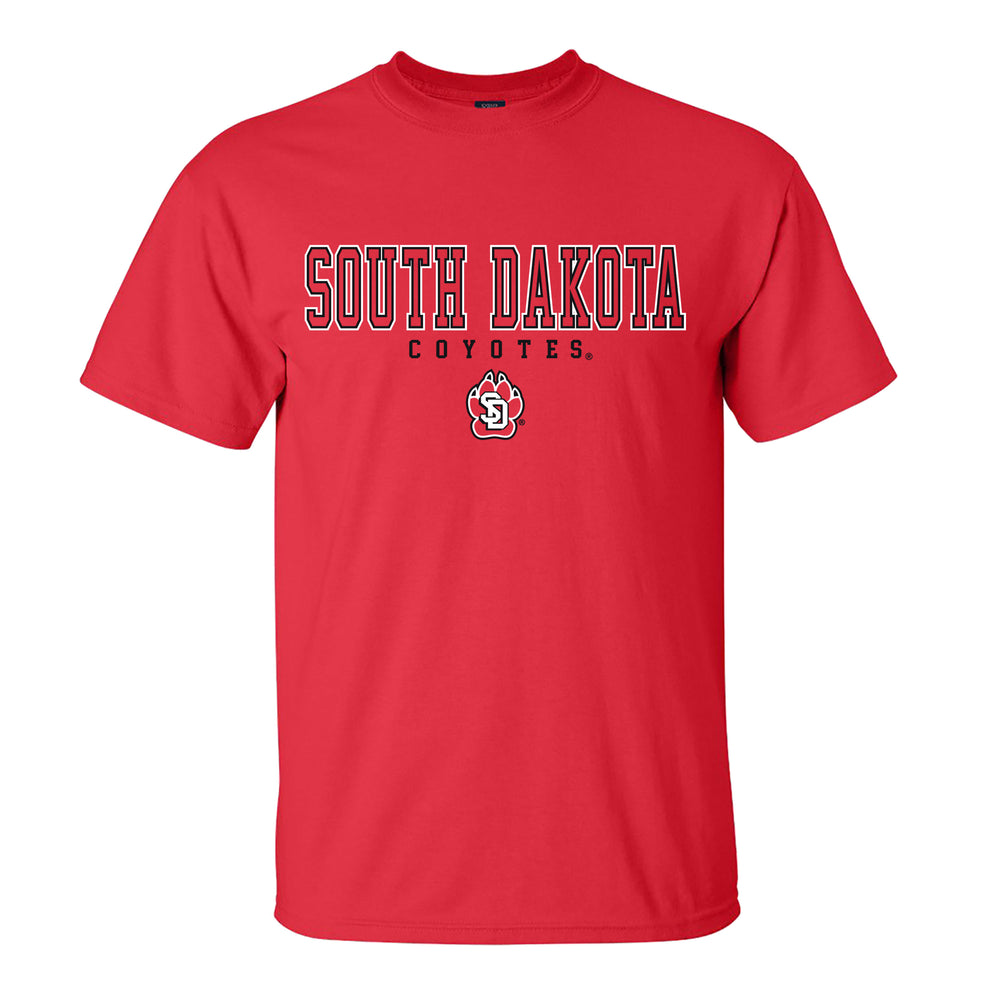 Red tee with text that says 'SOUTH DAKOTA COYOTES' in black with the SD Paw logo below