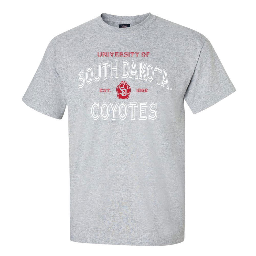 Gray tee with that says 'University of South Dakota Coyotes Est. 1862' with the SD Paw logo in red