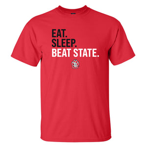 Red short sleeve tee with Eat Sleep Beat State with sd paw logo on chest