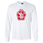 White long-sleeve unisex tee with large red SD Paw logo on chest.