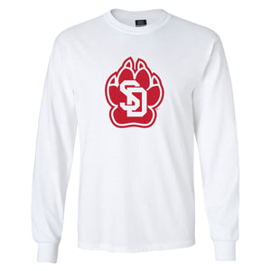 
                
                    Load image into Gallery viewer, White long-sleeve unisex tee with large red SD Paw logo on chest.
                
            