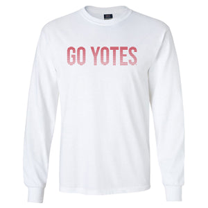 White long-sleeve unisex tee with text, 'GO YOTES'' in red letters across chest with white lines through them