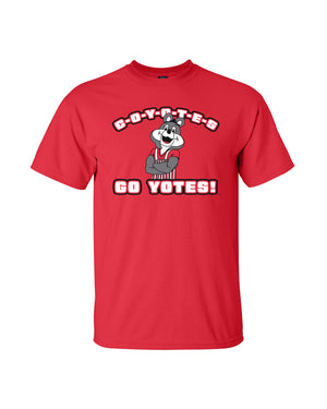Red unisex tee with Charlie Coyote on the front and text that says, 'C-O-Y-O-T-E-S GO YOTES!'