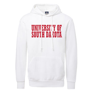 White unisex hoodie with red text, 'UNIVERSITY OF SOUTH DAKOTA,' across chest. 