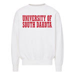 White unisex crew with red text, 'UNIVERSITY OF SOUTH DAKOTA,' across chest. 