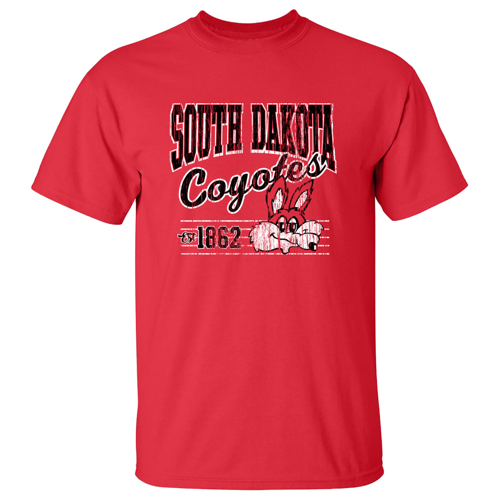 Red tee with black and white text, 'SOUTH DAKOTA Coyotes Est. 1862' and a vintage Charlie face all in distressed ink