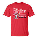 Red tee with white text, 'COYOTES' and the full color SD Paw logo below with white and black lines to the left and, 'UNIVERSITY OF SOUTH DAKOTA,' underneath