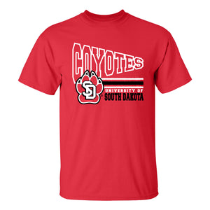 Red tee with white text, 'COYOTES' and the full color SD Paw logo below with white and black lines to the left and, 'UNIVERSITY OF SOUTH DAKOTA,' underneath