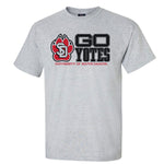 Gray unisex tee with black, 'GO YOTES,' and red, 'UNIVERSITY OF SOUTH DAKOTA,' below with large full color SD Paw logo to the right of text.