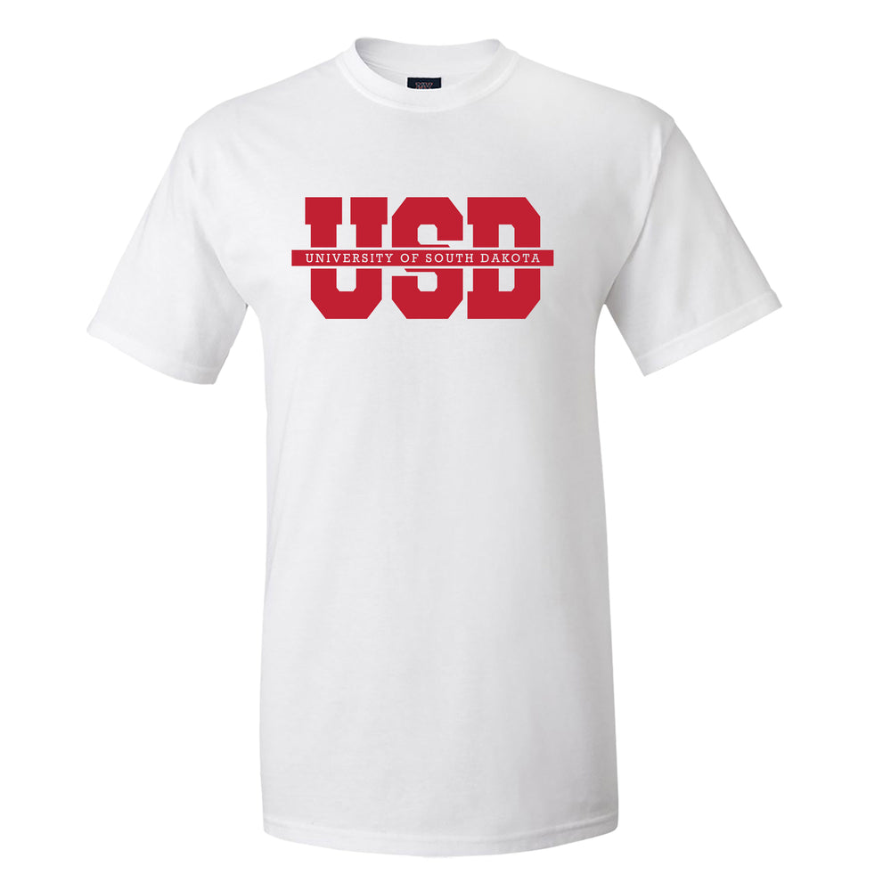 White tee with red text across chest, 'USD UNIVERSITY OF SOUTH DAKOTA.'