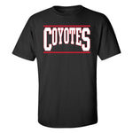 Black tee with, 'COYOTES' in white and red across chest with red line above and below