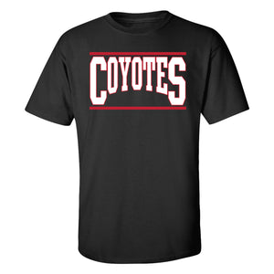 Black tee with, 'COYOTES' in white and red across chest with red line above and below