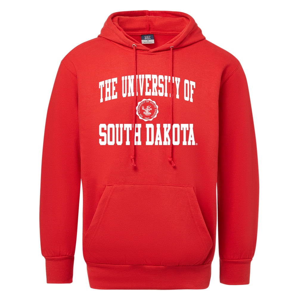 Red unisex hoodie with gray, 'THE UNIVERSITY OF SOUTH DAKOTA,' with the university seal in the middle.