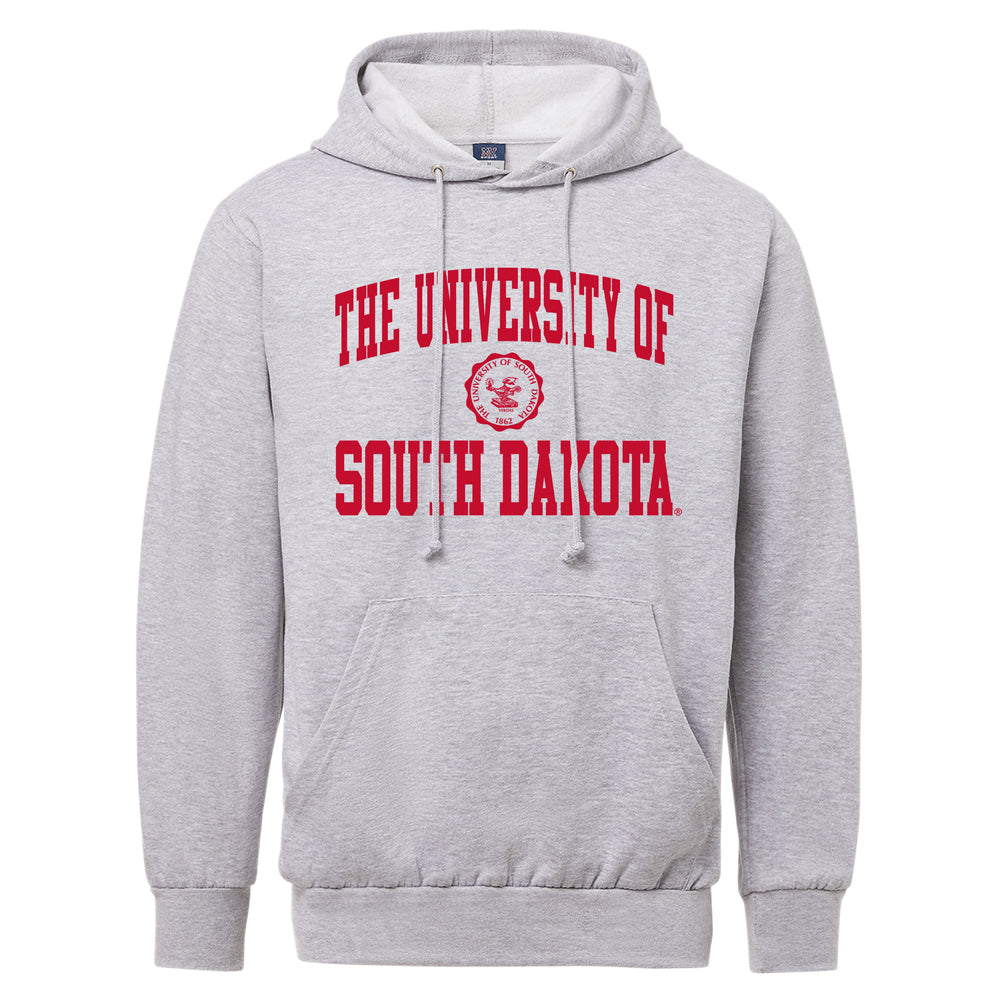 Gray unisex hoodie with red, 'THE UNIVERSITY OF SOUTH DAKOTA,' with the university seal in the middle.