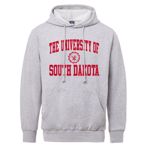 Gray unisex hoodie with red, 'THE UNIVERSITY OF SOUTH DAKOTA,' with the university seal in the middle.