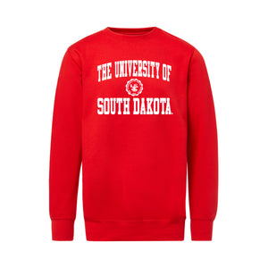 Red unisex crew with white, 'UNIVERSITY OF SOUTH DAKOTA,' and the university seal in the middle.