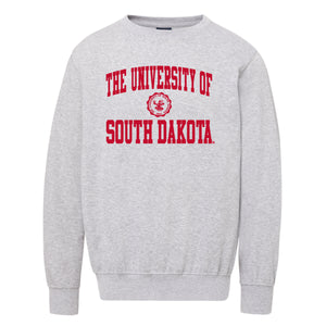 Gray unisex crew with red, 'UNIVERSITY OF SOUTH DAKOTA,' and the university seal in the middle.