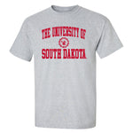 Unisex short-sleeve gray tee with red. 'THE UNIVERSITY OF SOUTH DAKOTA,' and the university seal in the middle.