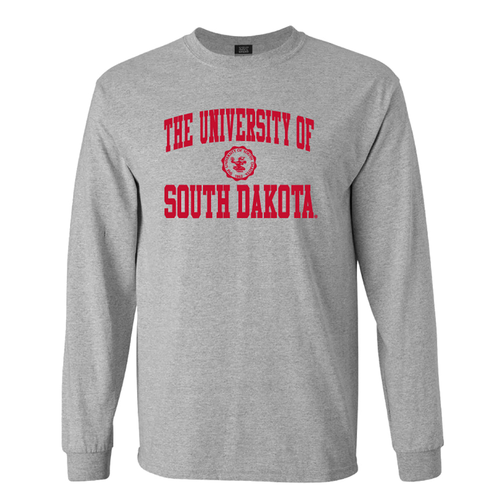 Unisex long-sleeve gray tee with red, 'THE UNIVERSITY OF SOUTH DAKOTA,' with the university seal in the middle.