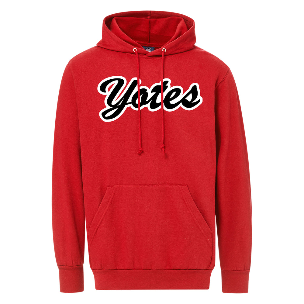 Red hoodie with black script, 'Yotes,' outline in white across chest.