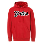 Red hoodie with black script, 'Yotes,' outline in white across chest.