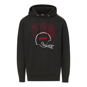 Black Unisex Hoodie with red and white design outline of football helmet with script, 'Yotes,' and large, 'USD' behind. 