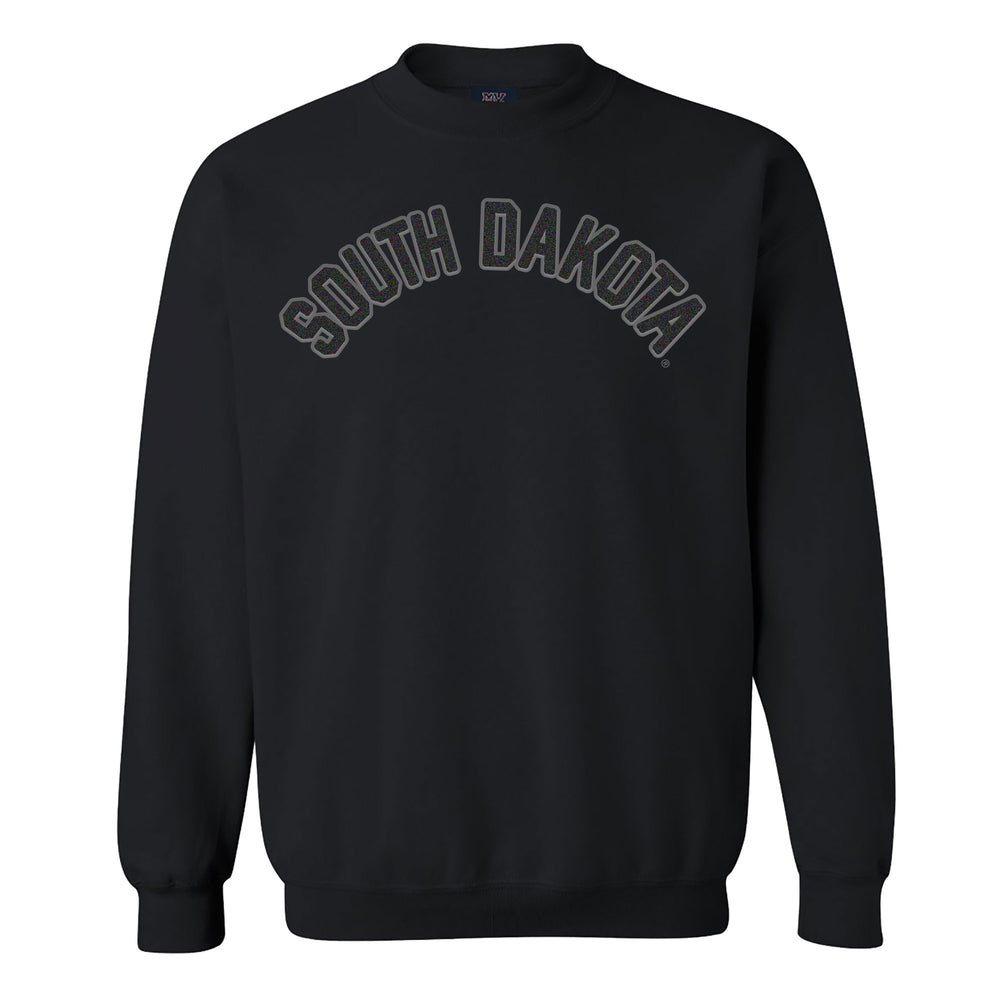 Black crew with black chenille lettering arched across chest, 'SOUTH DAKOTA,' with gray outline. 