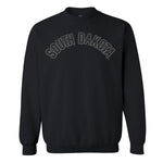 Black crew with black chenille lettering arched across chest, 'SOUTH DAKOTA,' with gray outline. 