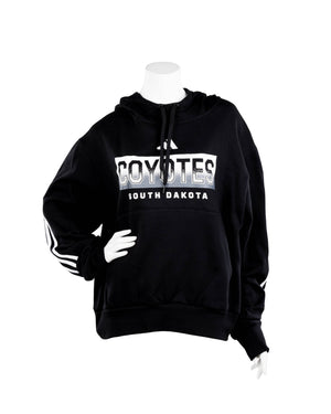 Black Adidas pullover hood with white Coyotes South Dakota lettering on chest and three stripes on arm