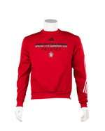 Red Adidas crew with South Dakota Coyotes and SD paw logo on chest with three white stripes on arms