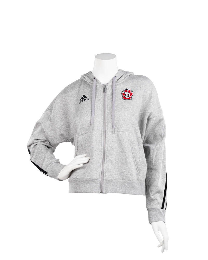 Gray Adidas fashion zip with SD paw logo and black stripes down arms
