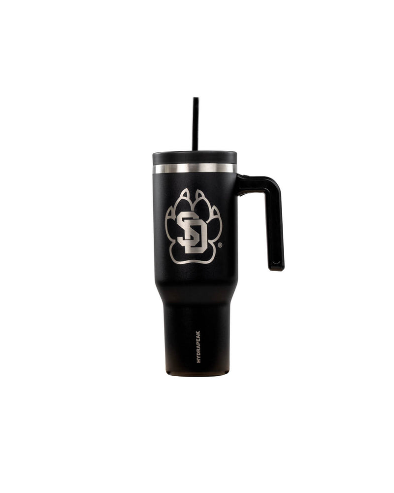 Black metal travel tumbler with straw and handle and large silver SD Paw logo on side
