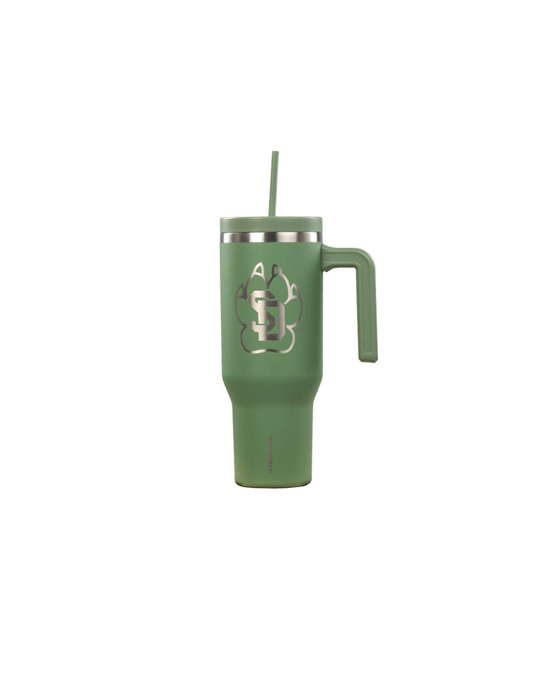 
                
                    Load image into Gallery viewer, Green metal travel tumbler with straw and handle and large silver SD Paw logo on side
                
            