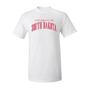 White tee with 'UNIVERSITY OF SOUTH DAKOTA,' in red arched across chest.