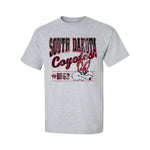 Gray tee with distressed screenprint in black and red text 'SOUTH DAKOTA Coyotes est. 1862' and a vintage Charlie Coyote face.