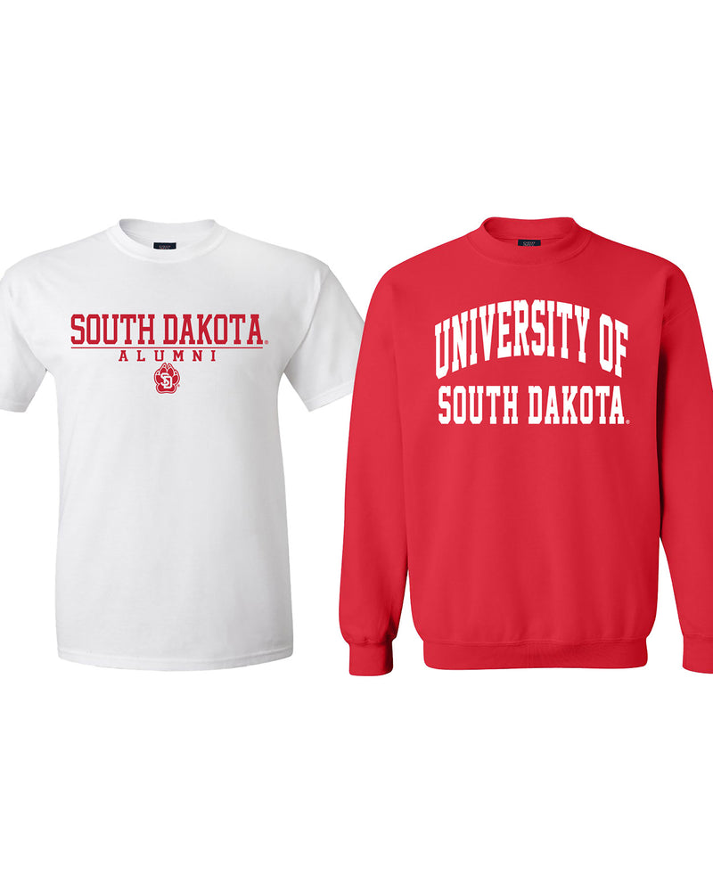 White tee that says 'South Dakota Alumni' with the SD paw logo below it in red and a red crew sweatshirt with words in white that say 'University of South Dakota'